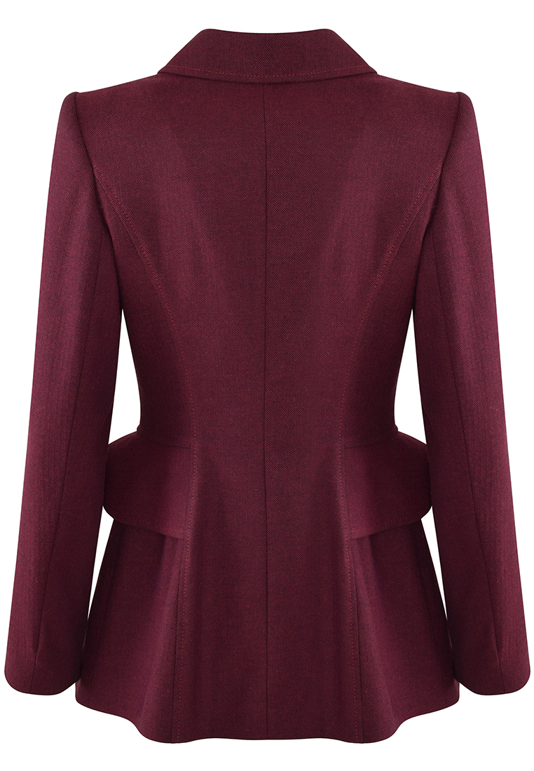 Bordowy żakiet z baskinką w drobną jodełkę