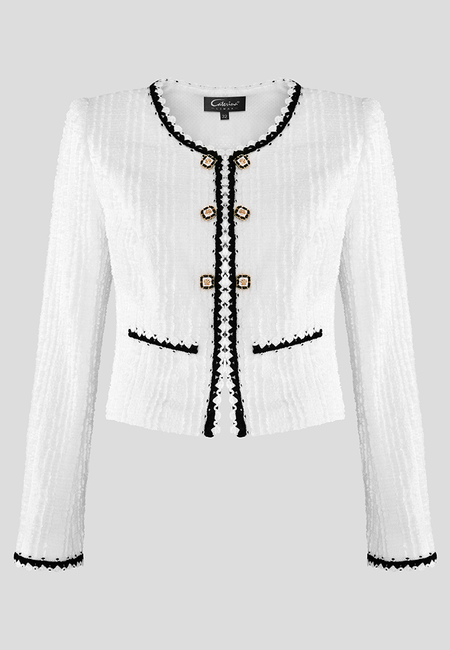 Biały żakiet z kontrastowymi lamówkami