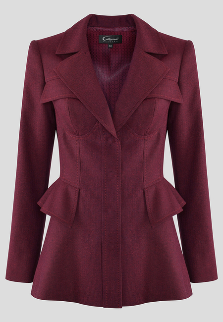 Bordowy żakiet z baskinką w drobną jodełkę