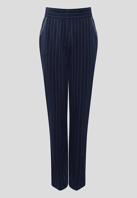 Granatowe spodnie w prążek ze zwężanymi nogawkami