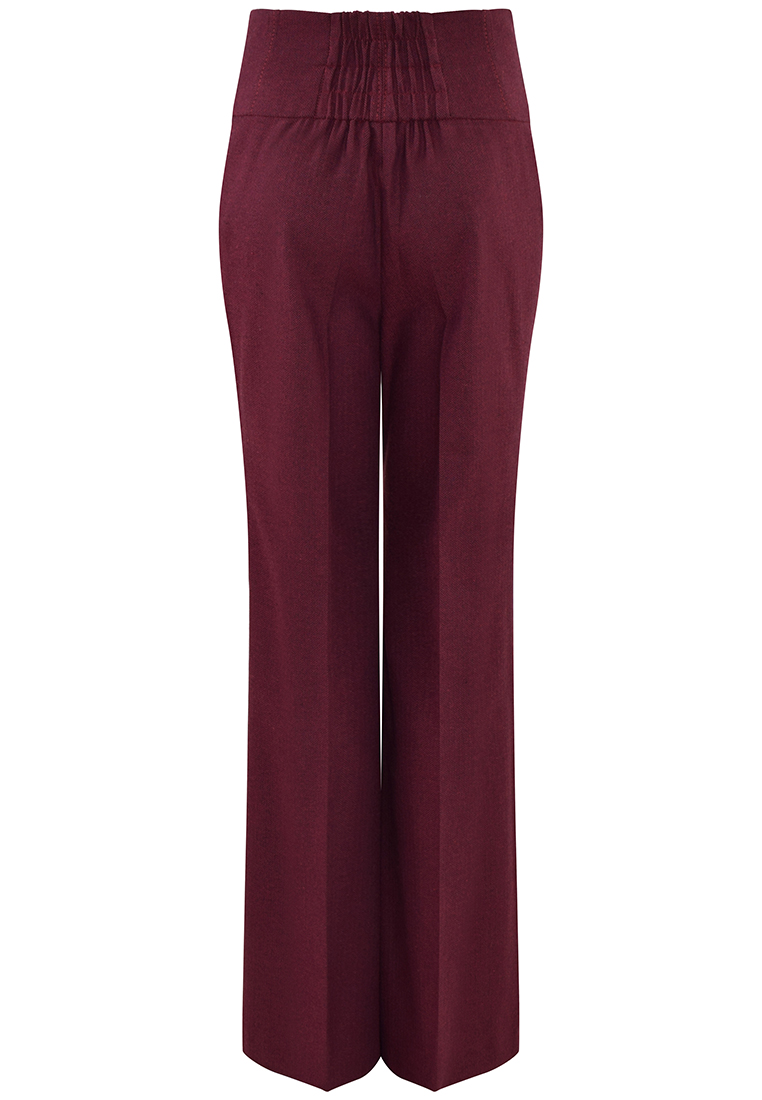 Bordowe spodnie z wysokim stanem w drobną jodełkę