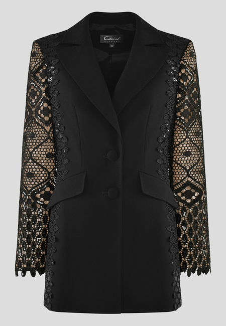 Dłuższy czarny żakiet z kontrastową podszewką i cekinami