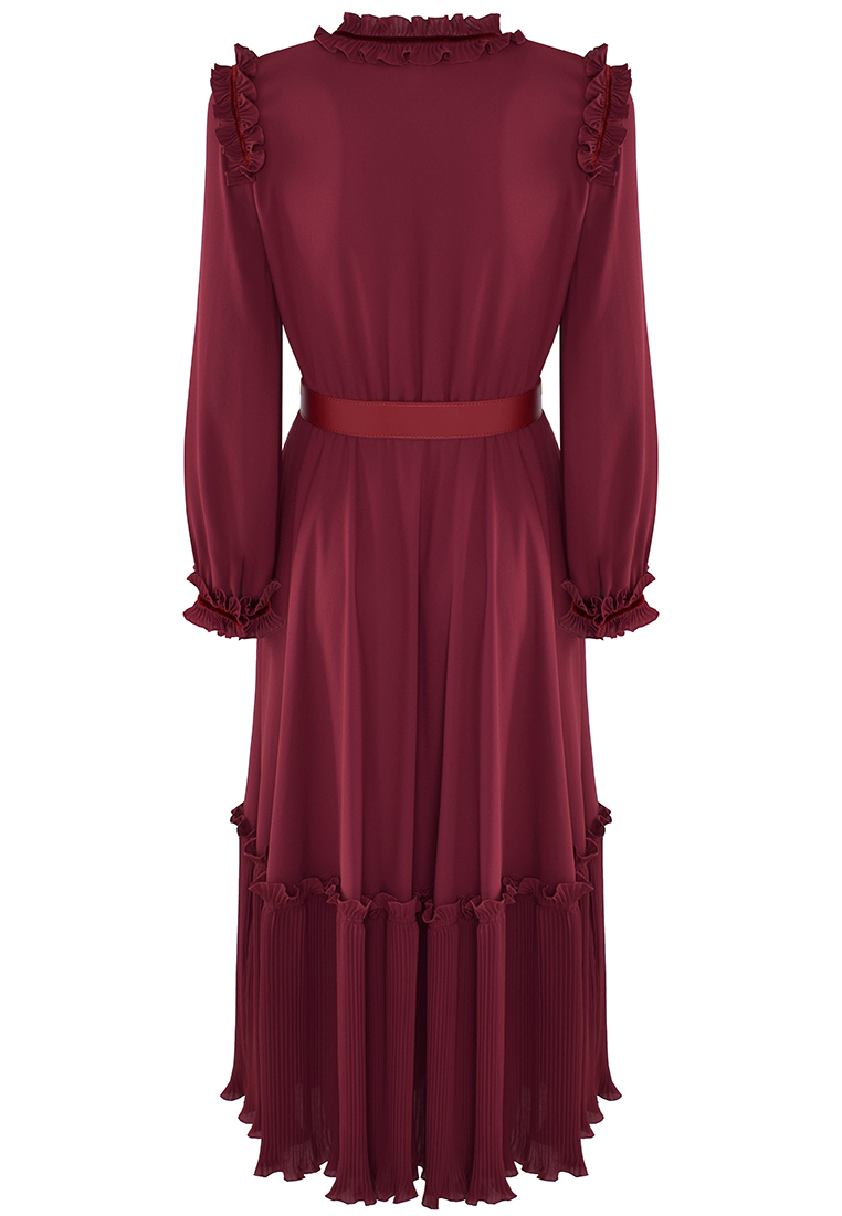 Bordowa sukienka z plisowaniem i żabotem