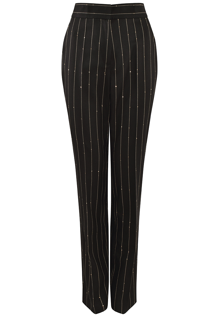 Czarne spodnie w beżowy prążek z cekinami