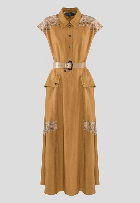 Beżowa sukienka z koronkowymi wstawkami