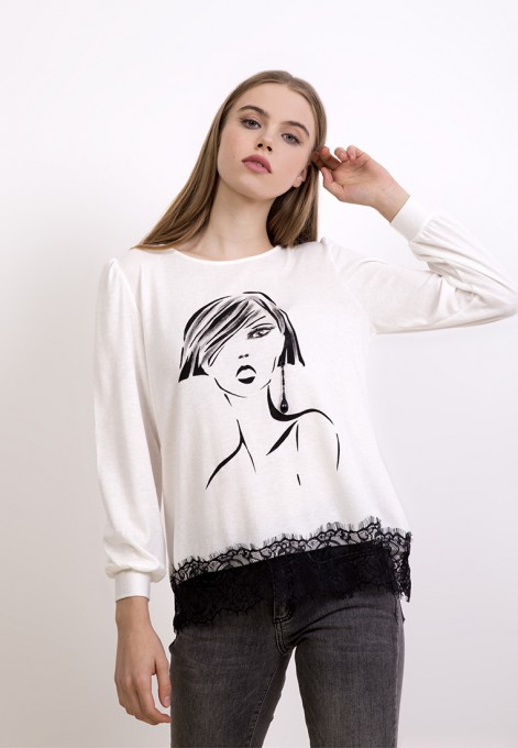 Sweter z grafiką portretu kobiety
